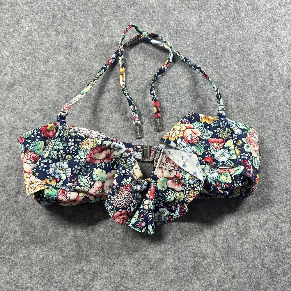 Zimmermann Bikini Top Womens 1 Navy Floral‎ Bandeau Halter Tie Front Bow Swim